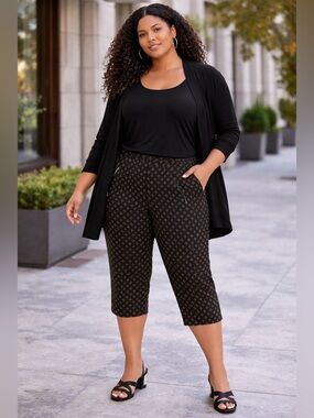 Michel Studio Alexa black Cropped Pants with gold pattern.